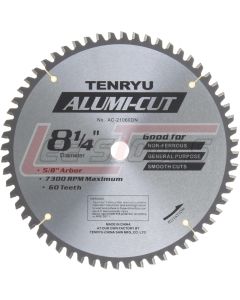 TENRYU AC-21060DN 8-1/4" 60T 5/8"KO ARBOR TCG GRIND CARBIDE BLADE -5 RAKE 0.087 KERF 7300 RPM NON-FERROUS VARIOUS MACH