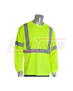 PIP 313-1300-LY/L CLASS 3 LONG SLEEVE CREW NECK WICKING POLYESTER T-SHIRT, 1 POCKET LIME YELLOW