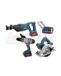 BOSCH CLPK40-180 18V 4-Tool Kit w/ Brute Tough Hammer Drill/Driver, Circ, Recip, Flashlight & (2) FatPacks