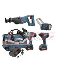 BOSCH CLPK41-180 18V 4-Tool Kit w/ Brute Tough Hammer Drill/Driver, Impact, Recip, Flashlight & (2) FatPacks
